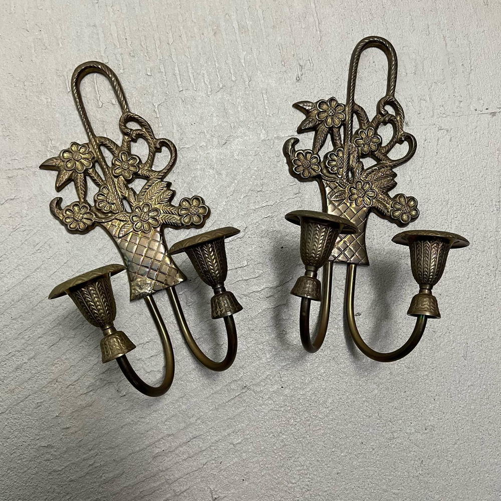 VTG Floral Basket Double Candle Holder Victorian Sconce Set 2